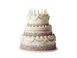 White three tier birthday cake with semi layers and colorful sprinkles three tier cake