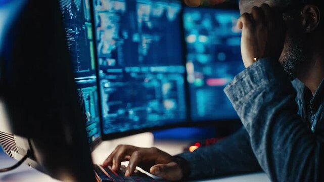 Medium shot of a techspecialist analyzing realtime data on multiple screens highlighting intelligent ISP customer service powered by AI solutions.