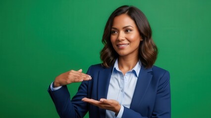 Confident businesswoman demonstrating gesture of self-assurance against green screen background