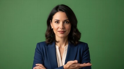 Confident businesswoman confidently presenting with a professional appearance against a green