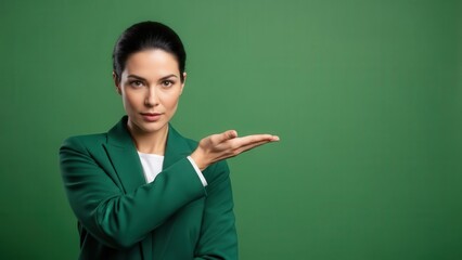 Confident businesswoman dressed in green suit presenting with open hand gesture against a plain