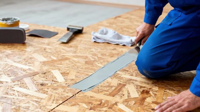 Focused view of a worker repairing textured laminate floor cracks highlighting the intricate surface details and restoration process.