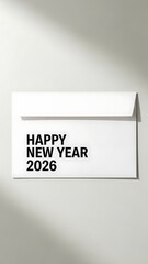 Happy new year 2026 text in bold on an open white envelope with shadows