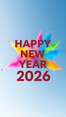 Happy new year 2026 colorful powder explosion blue sky background