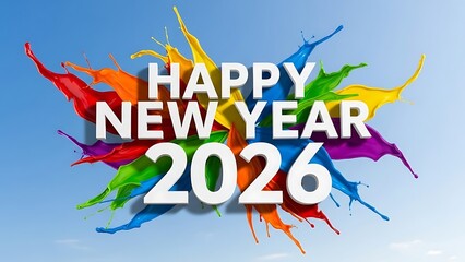 Happy new year 2026 text with vibrant paint splashes on a blue sky