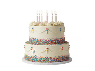 White two tier birthday cake with colorful sprinkles and lit candles two tier cake