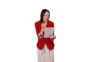 Businesswoman in red jacket celebrating success, achieving goals, holding tablet, showing fist pump. Transparent background