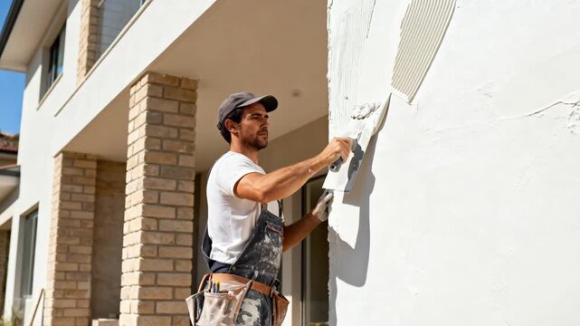 Wide medium shot of a stucco finishing process on a house exterior capturing smooth application and modernizing masonry surfaces with fresh plaster. Exterior facelift in progress.