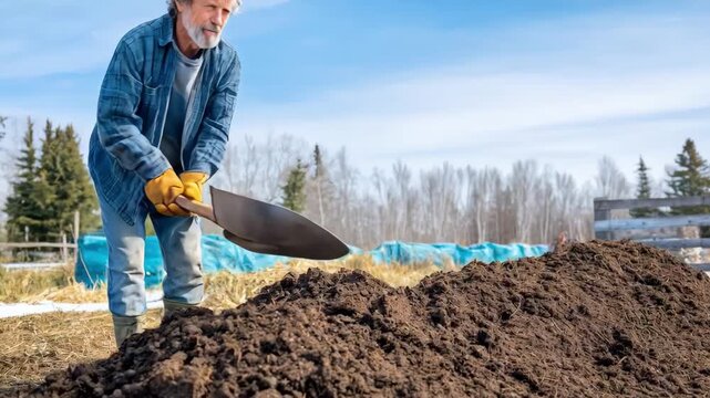 Farmer turning over manure piles to create a natural and fertile growing medium in an ecofriendly composting process