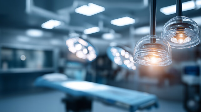 Operating room without team setup heavily defocused medical facility background empty surgical suite preparation healthcare environment visualization sterile medical space