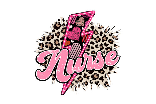 Retro Valentine Nurse Leopard Print Lightning Bolt Sublimation Design