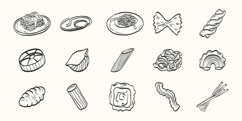 Italian pasta doodle set featuring classic shapes like lasagna, spaghetti, penne, ravioli, farfalle, all drawn in clean outline style. Ideal for menus, packaging, branding and recipe illustrations