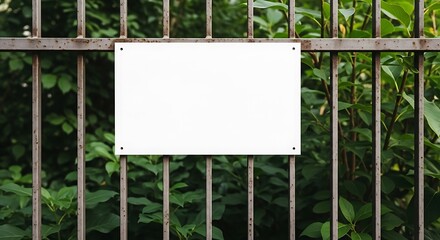 A blank white sign is mounted on a rusty metal fence, providing space for custom text or graphics against a backdrop of green foliage