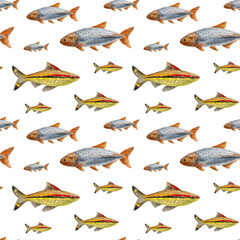 Watercolor seamless fish pattern. Hand-drawn illustration of a school of fish. Nautical theme.