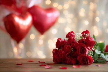valentine's day background with a bouquet of red roses and heart-shaped balloons on the table, with copy space for text and bokeh lights. valentine's day concept. Background, mockup for Valentine’s da