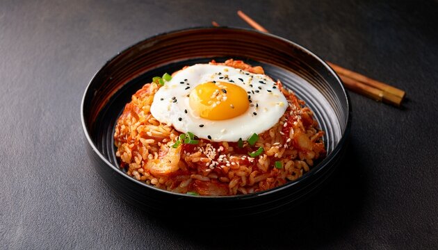 delicious korean kimchi fried rice with fried egg and sesame seeds