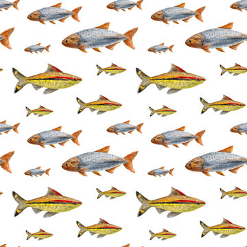 Watercolor seamless fish pattern. Hand-drawn illustration of a school of fish. Nautical theme.