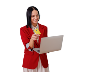 Woman shopping online using laptop and credit card, enjoying e-commerce payment with secure transaction