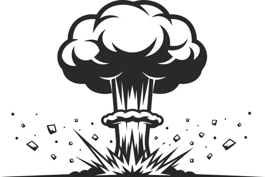 Black and white mushroom cloud explosion with debris