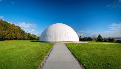 Obraz premium a large white dome structure with a smooth surface stands on a green lawn surrounded by concrete pathways
