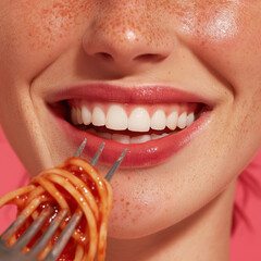 close up of a young woman eating a pasta