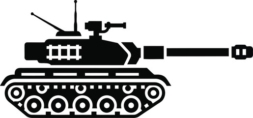 Black silhouette of a military tank with antennas and cannon