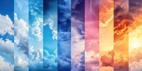 A vibrant collage of various cloud formations showcases a spectrum of colors and weather patterns, from sunny skies to stormy overcasts.