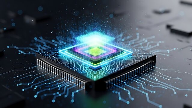 Illuminated microchip on circuit board - Powered by Adobe