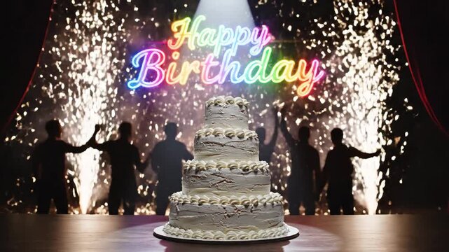 Silhouettes of people celebrating a birthday with a large white cake and colorful neon sign on stage with pyrotechnics.