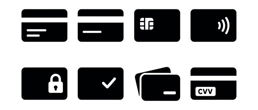 Credit cards and payment methods black and white icons set