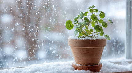 Green Plant in Snow-Covered Window Light