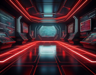 this futuristic cyber control room features glowing red grid lines on its sleek dark floor monitors display various abstract data streams