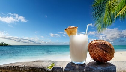refreshing iced coconut drink and fresh coconuts on a stone ledge overlook a tropical beach ocean view with a palm tree