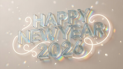 Happy New Year 2026 celebration with shiny silver letters and sparkling lights
