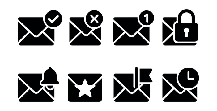 Email status black and white icons set