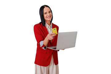 Woman holding credit card and laptop, smiling, enjoying secure online shopping and e-commerce payment experience