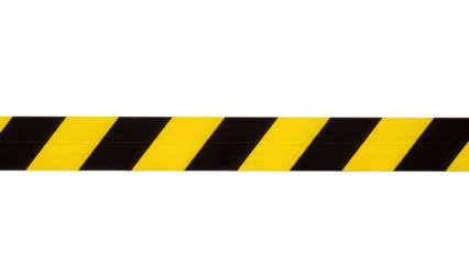 Warning tape with yellow and black diagonal stripes isolated on transparent background