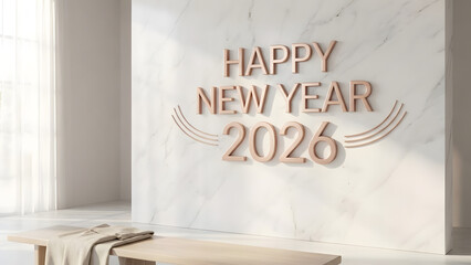 Modern Happy New Year 2026 greeting in elegant minimalist interior
