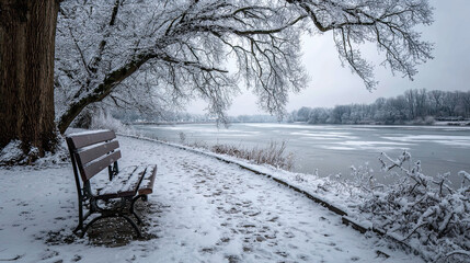 Snowy Path by Frozen River with Bench