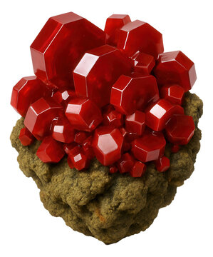 Red hexagonal crystals of vanadinite on olive-green mottramite crust.