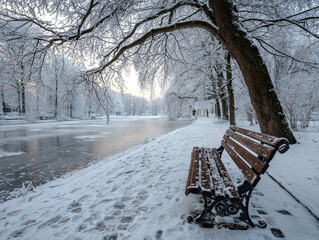 Snow-Covered Bench by Frozen River