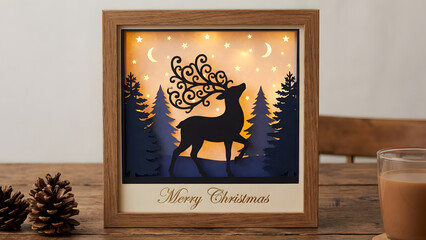 Cozy Christmas scene with reindeer silhouette in wooden frame on table