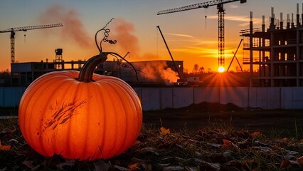 Glowing orange pumpkin sits in grass against a dramatic sunset backdrop of industrial construction site silhouettes