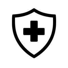 Simple dark gray shield icon with a medical cross symbolizing health protection and security against illness