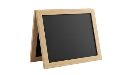 Light brown wooden framed tabletop chalkboard with a dark gray writing surface, isolated on white background