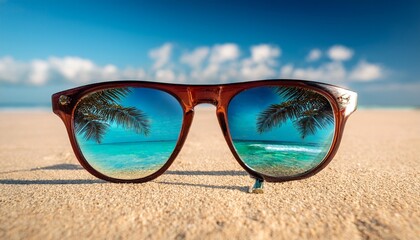 sunglasses reflect ocean and palm trees on a sandy beach