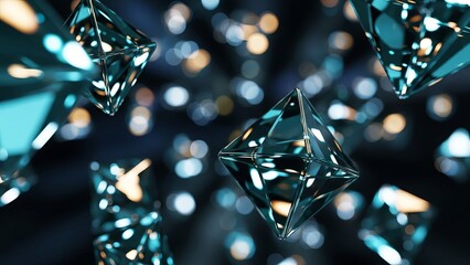 Abstract digital rendering of floating geometric octahedrons with vibrant teal and gold bokeh lights creating a futuristic atmosphere