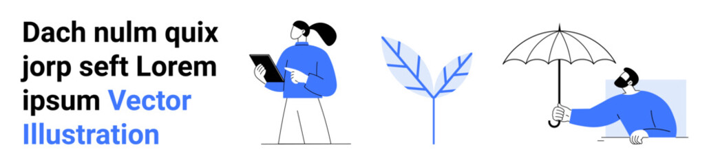 Digital tools, nature, protection, innovation, weather, personal identity. Person using a tablet, abstract branch and another person holding an umbrella. Digital tools and nature concept