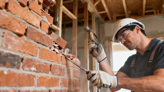Skilled laborer wearing safety gear dismantling a brick wall layer by layer to avoid structural damage in a building.