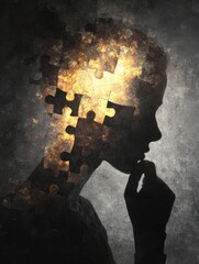 young person thinking with glowing puzzle mind on grungy background no logos no brands ar 34